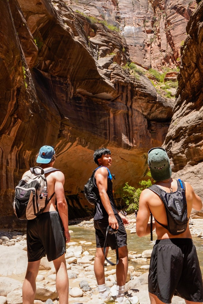 Hiking through a narrow canyon